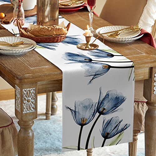 Tulip Blue Floral Table Runner 13x72 Inch Linen Blend for Spring Summer Decor - Variation of THIS listing