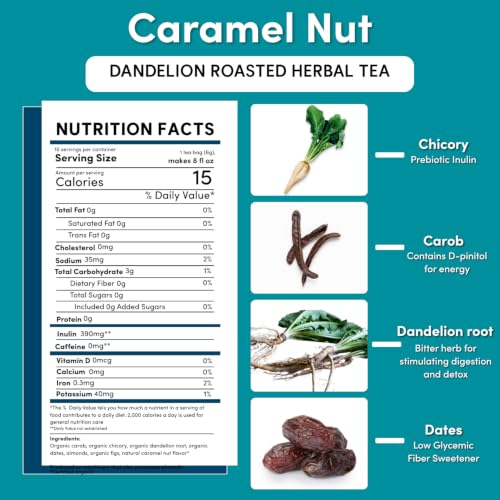 Teeccino Caramel Nut Dandelion Herbal Tea Bags - Caffeine Free, Prebiotic, 10 Pack