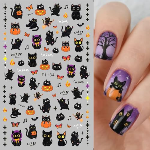 TailaiMei Halloween Nail Stickers - 5 Sheets Pumpkin & Bat Self-Adhesive Decals