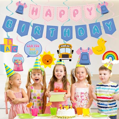Cartoon Happy Birthday Banner and Hanging Swirls Party Decor Set