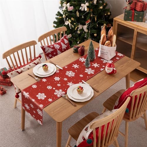 Christmas Table Runner - 13.4 x 74 Inch Rustic Red Snowflakes
