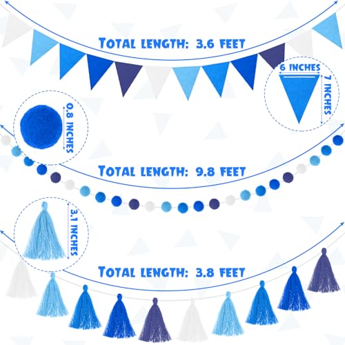 Irenare Blue Pom Pom Garland - 4 Pcs, 9.8 ft Classroom Decor