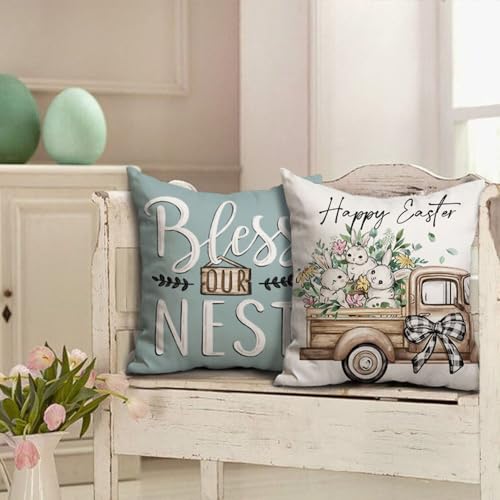 Easter Pillow Covers Set of 4 - 18x18 Bunny & Eucalyptus Decor