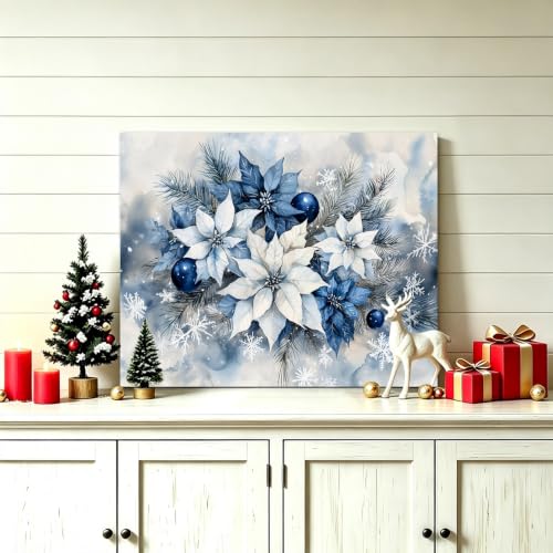 Christmas Wall Art Canvas - Blue and White Poinsettia Floral Decor 20x16 Inch - Ready to Hang