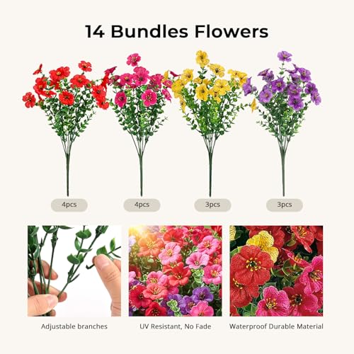 UV Resistant Artificial Flowers - 14 Bundles for Outdoor Decoration