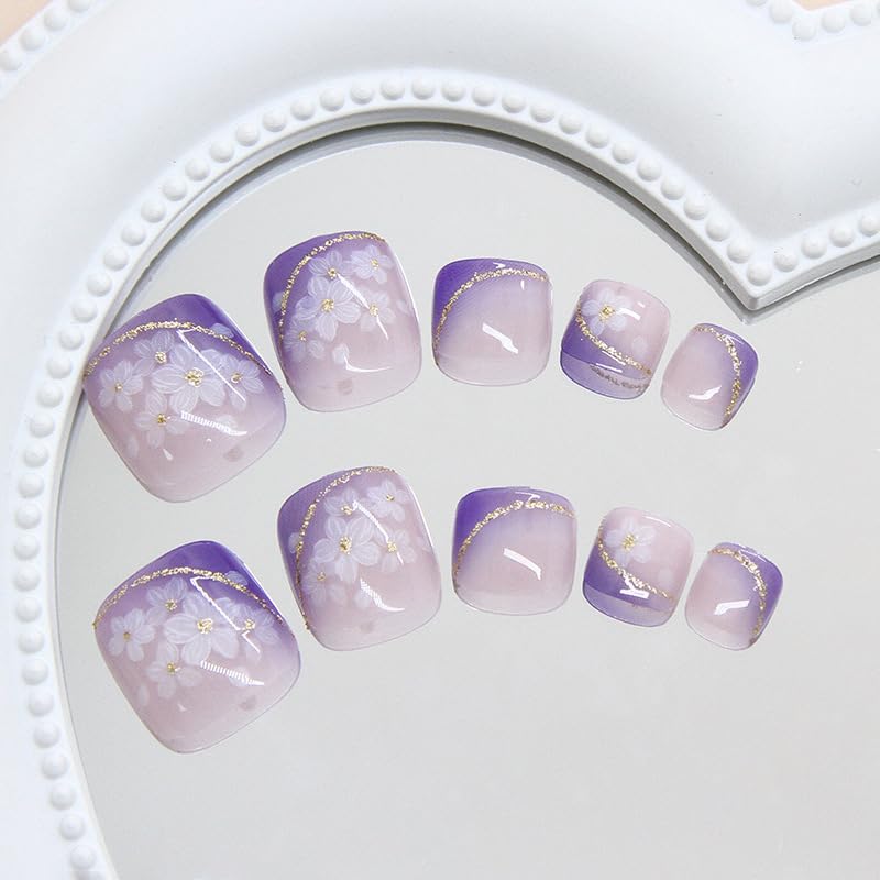 Purple French Square Press-on Toenails Glossy Acrylic False Nails 24 Pcs