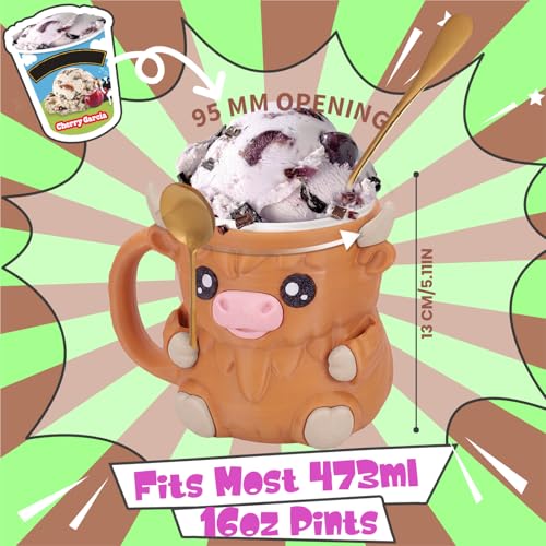 Highland Cow Ice Cream Pint Holder with Handle & 2 Spoons