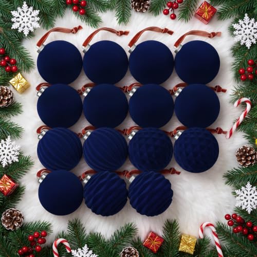 Minetom Navy Blue Christmas Ornaments Set - 15 Pcs, 3.15 Inch Velvet Decorations, Variation of Blue / 3.15 Inch