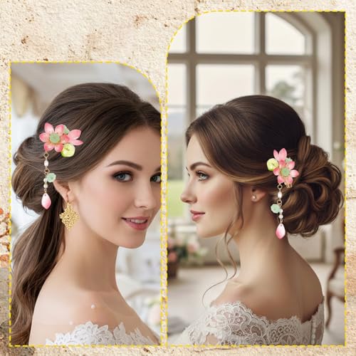 Shimmeroo 2Pcs Pink Flower Hair Clip Vintage Glass Bead Tassel Barrette