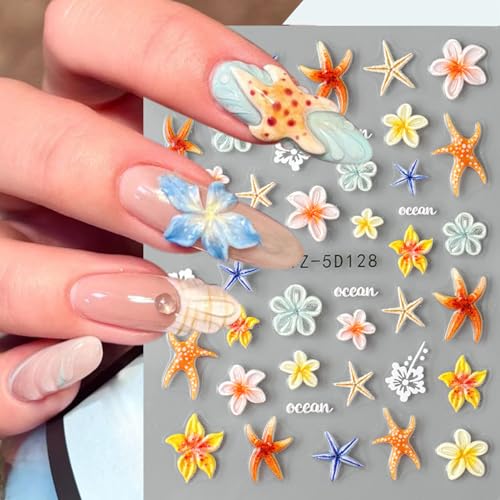 5D Embossed Ocean Nail Art Stickers - Summer Marine Starfish & Flowers