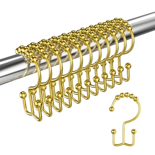 Gold Double-Sided Shower Curtain Hooks with Roller Balls - 12 Pack