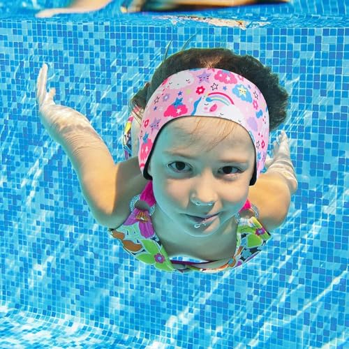 6 Pcs Swimming Headbands for Kids, Adjustable Swimming Ear Protection Bands Cute Cartoon Waterproof Swim Headbands for Swimmers Age 1-5, Head Circumference 17.30-19.20 Inch