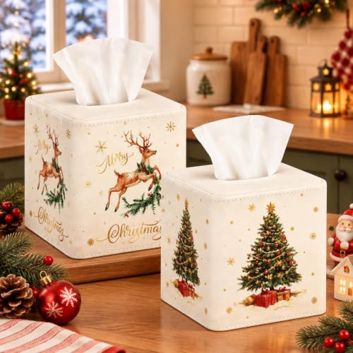 Christmas Tissue Box Cover - Cream Leather Reindeer & Tree Design - 2 Pack