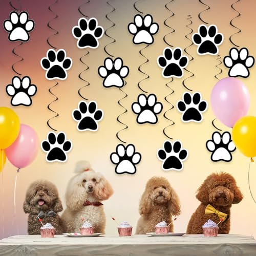 24 Pcs Black & White Dog Paw Prints Party Hanging Swirls