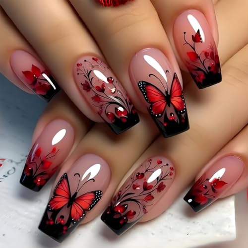 Red Butterfly Floral Press on Nails Medium Coffin French Tip Acrylic False Nails