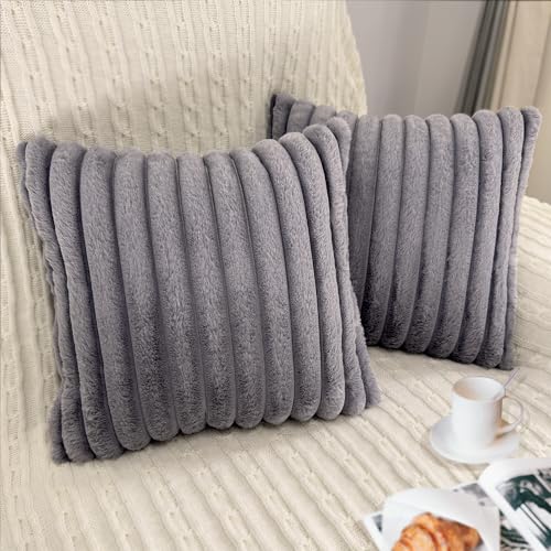 Bunliuys 18x18 Faux Fur & Velvet Throw Pillow Covers, Grey (Set of 2)
