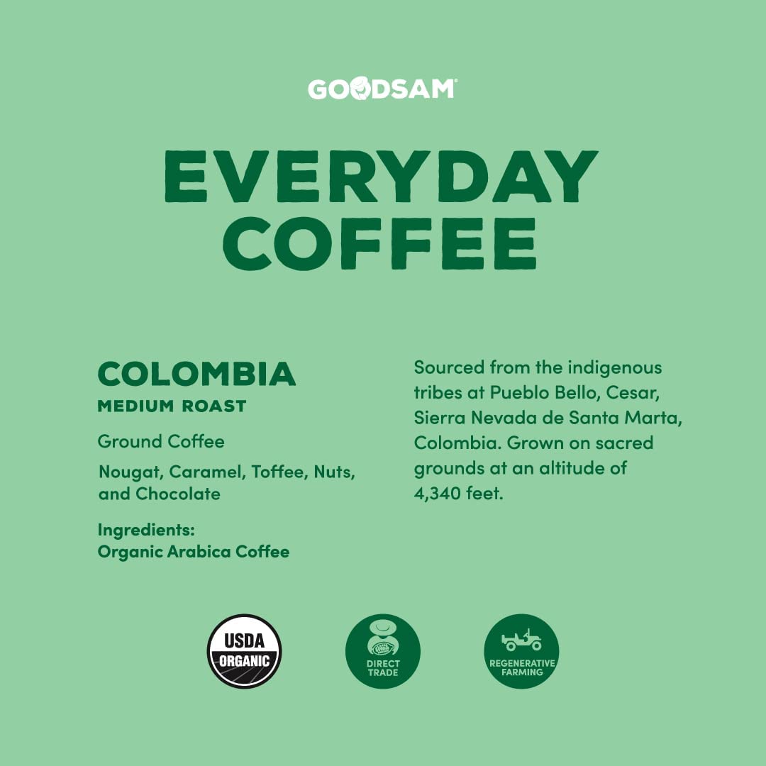 GoodSAM Colombian Medium Roast Organic Ground Coffee — Smooth & Balanced Flavor — Single-Origin Arabica Coffee — 32 oz Bulk Bag