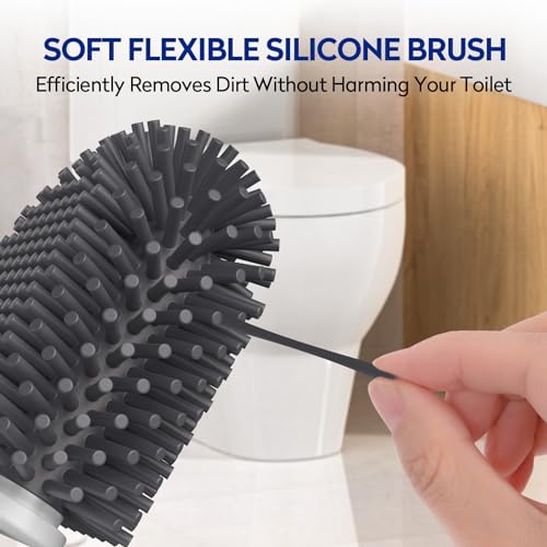 Aokala Silicone Toilet Brush and Holder Set - Deep Cleaning Scrubber, Gray