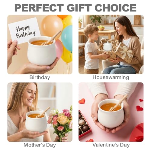 JOYLULU Ceramic Honey Jar with Wooden Dipper - 8 Oz White Honey Pot