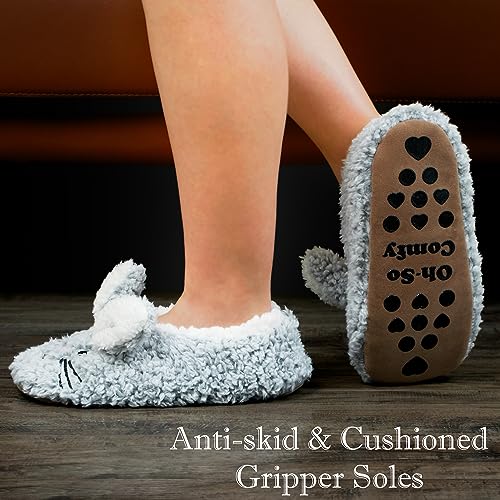 Cute Animal Slippers for Women and Kids - Grey Bunny, Non-Slip Fuzzy Soft Sole
