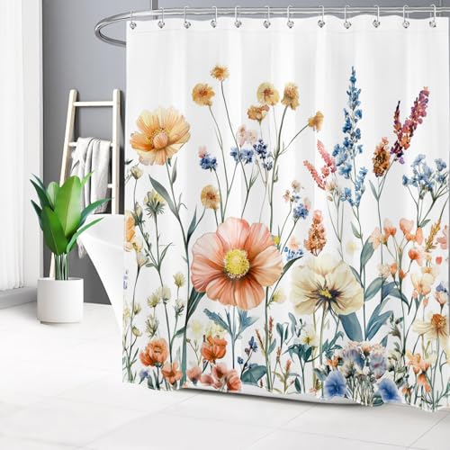 Vintage Wildflower Shower Curtain - Blue & Orange, 72x72 inch