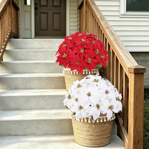 Artificial Poinsettia Flowers Christmas Decor 4PCS White Flocked Holiday Plants