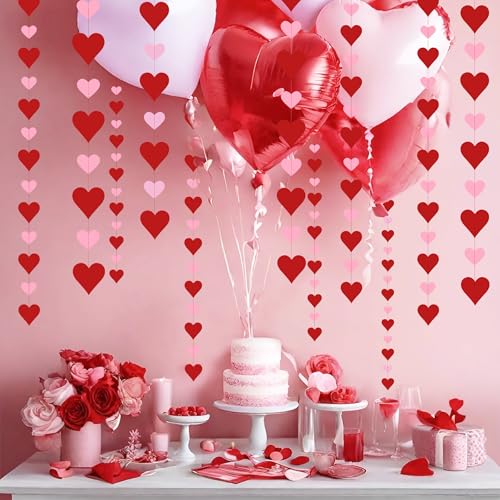Heart Garland Decorations - 4 Pack Red & Pink Streamers for Valentine's Day