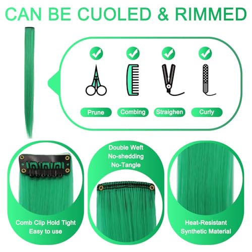 Green Clip-In Hair Extensions 20 Inch Heat Resistant Synthetic Hairpiece