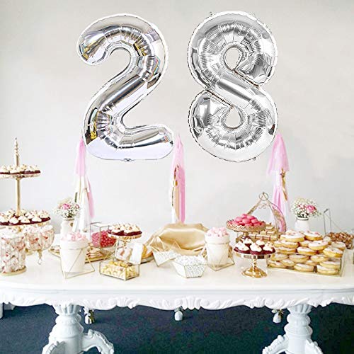 40 Inch Silver Number 28 Balloons - 2pcs Mylar for Parties