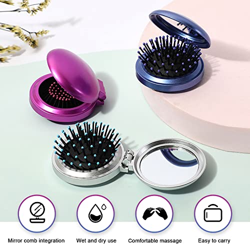 Folding Hair Brush with Mirror Round Mini Compact Travel Massage Comb Purple