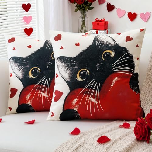 OTOSTAR Valentine's Day Decorative Pillow Covers Set of 2 - 18x18 Inch Red Heart Black Cat
