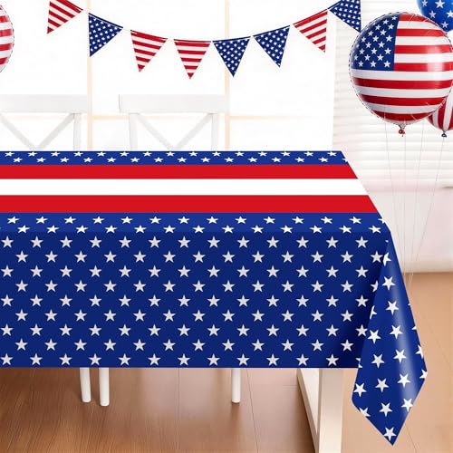 Childom 3-Pack Patriotic Disposable Plastic Tablecloths, 54"x108" Red & Blue