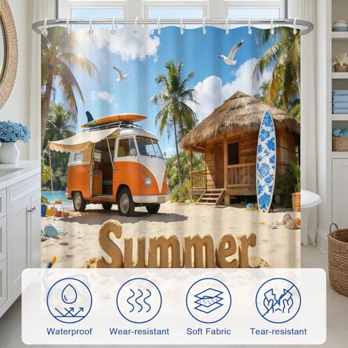 TQUQOBU Summer Camping Waterproof Shower Curtain Set 72x72 Inches with Tropical Beach Design & 12 Hooks