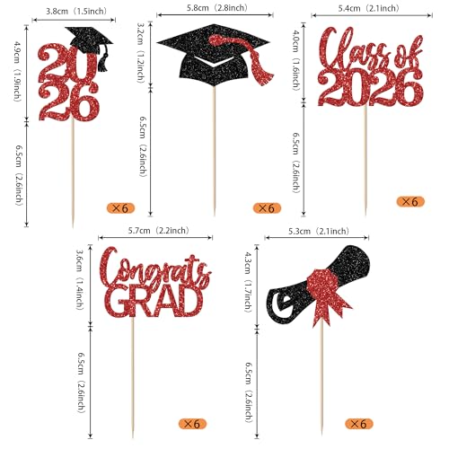 30 Pack Graduation Cupcake Toppers - Class of 2026 Decorations