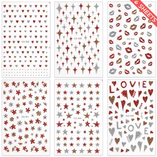3D Glitter Star Nail Stickers - 6 Sheets Shiny Red Gold Silver Decals