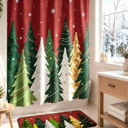 Red Christmas Shower Curtain with Pine Trees and Snowflakes - 72x72 Inches