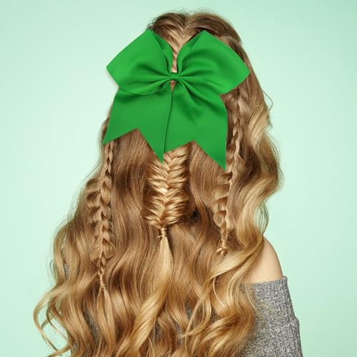 Large Green Cheering Hair Bows 8 Inch with Elastic Hair Ties (4 Pack)
