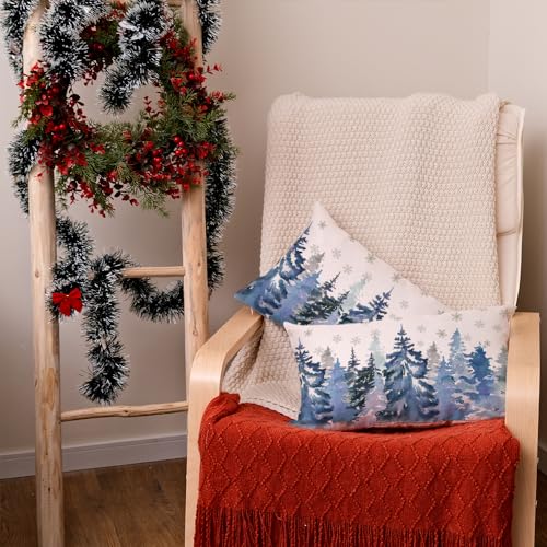 Christmas Lumbar Pillow Covers 12x20 Inch Set of 2, Teal Watercolor Tree