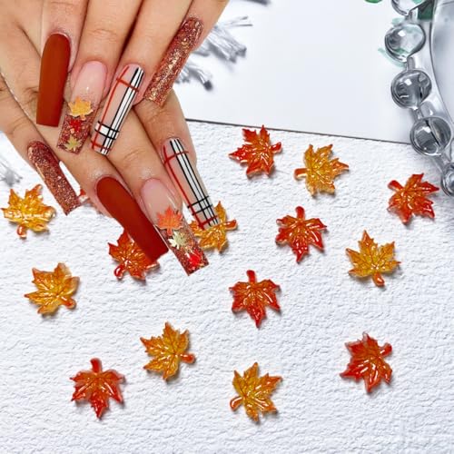 100Pcs 3D Fall Maple Leaf Nail Art Charms - Orange Gold Resin Autumn Gems