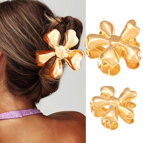 Gortin Gold Metal Flower Hair Claw Clips 2-Pack for Thick Hair