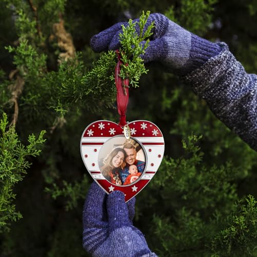 Christmas Tree Ornament Photo Frame - Personalized Holiday Keepsake Pendant with 2-Inch Photo Insert, Red White Silver