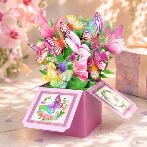 3D Pop Up Birthday Card for Women - Colorful Butterfly Garden Keepsake