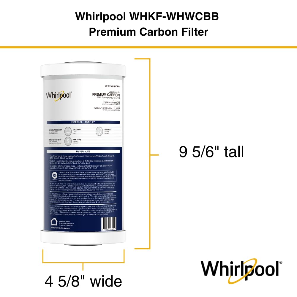 Whirlpool 10" x 4.5" Premium Carbon Water Filter WHKF-WHWCBB, NSF Certified 5 Micron Reduces Chlorine and Sediment, 6-Month Life, Large Capacity Replacement Cartridge Fits Most Home Filter Housings