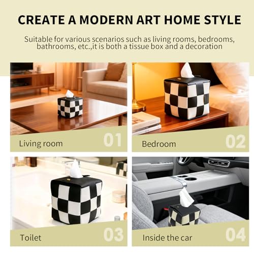 Modern PU Leather Checkered Tissue Box Cover with Metal Buckle