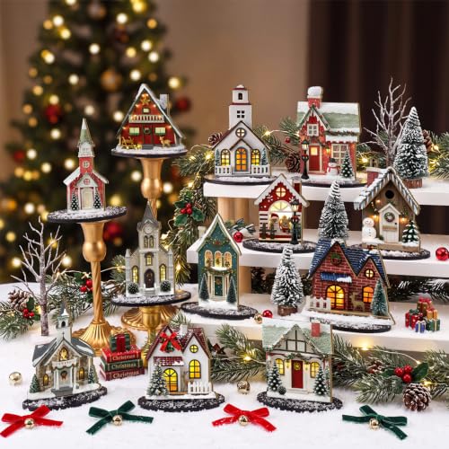 Christmas Village Wooden Houses Set - Beige & Brown, 12 Pieces for Holiday Decor
