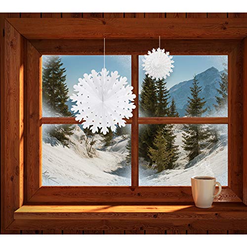 Christmas Snowflake Decorations Set of 16 - Winter Holiday Hanging Paper Snowflakes with String, Mixed Sizes 7.8-20 inches