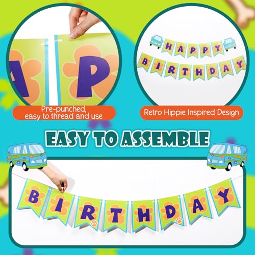 Cartoon Dog Birthday Party Banner, Retro Hippie Car Bunting Decoration