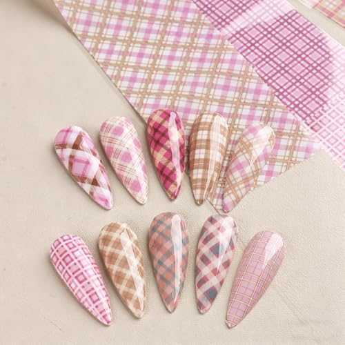 Pink Plaid Nail Foil Transfer Sheets 10 Rolls Checkered Manicure Decals