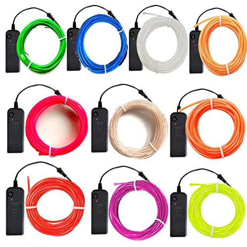 10-Pack 9ft Waterproof EL Wire Kit with Battery Controllers - 10 Colors