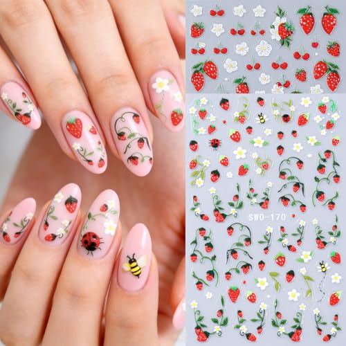 3D Embossed Floral Nail Art Stickers Daisy Strawberry Cherry Decals